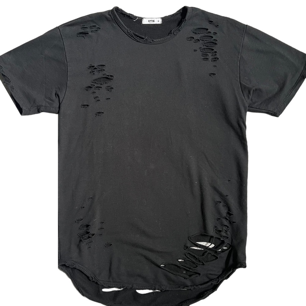 EPTM BLACK DISTRESSED & OVERSIZED CREWNECK SHORT SLEEVE T-SHIRT WITH CURVED HEM